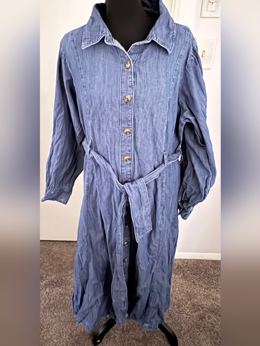 Blue Maxi Shirt Dress with Tie Belt